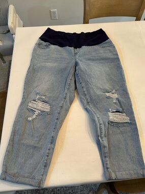 SHEIN Light Blue Denim with Navy Waist Panel Maternity Jeans